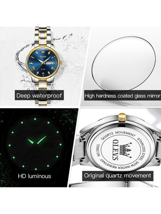 Women\'s Blue Stainless Steel Fashion Quartz Analog Waterproof Date Wrist Watch